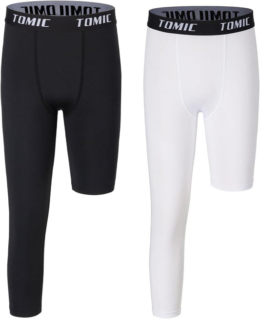 Tomic Youth Boys Kids One Leg 3/4 Leggings Compression Pants for Basketball Soccer Sports Athletic Training Tights Base Layer