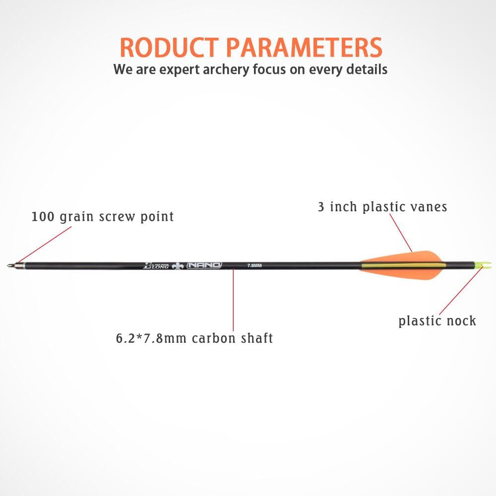 Carbon Arrow Hunting Arrows with 100 Grain Removable Tips for Archery Compound & Recurve & Traditional Bow Practice Shooting (Pack of 12)