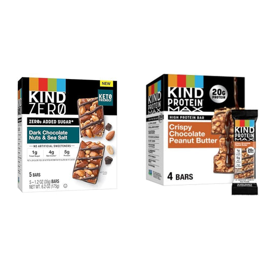 KIND ZERO Added Sugar Bars, Keto Friendly Snacks, Dark Chocolate Nuts and Sea Salt, 5 Count + KIND Protein MAX Crispy Chocolate Peanut Butter Snack Bars, 20g of Protein, Gluten Free, 4 Count