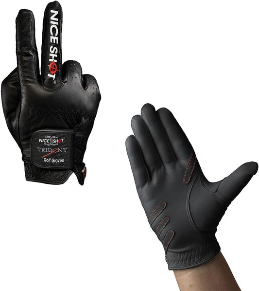 Nice Shot Trident Golf Glove with Power Grip Strips in Premium Black Cabretta Leather