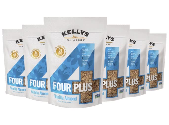 Kelly's Four Plus (Vanilla Almond) Granola Cereal with Whole Grain Oats, Honey, Maple Syrup - Non-GMO, Low Sugar, Sodium Free and Gluten Free Granola for Yogurt - 12oz - Pack of 6