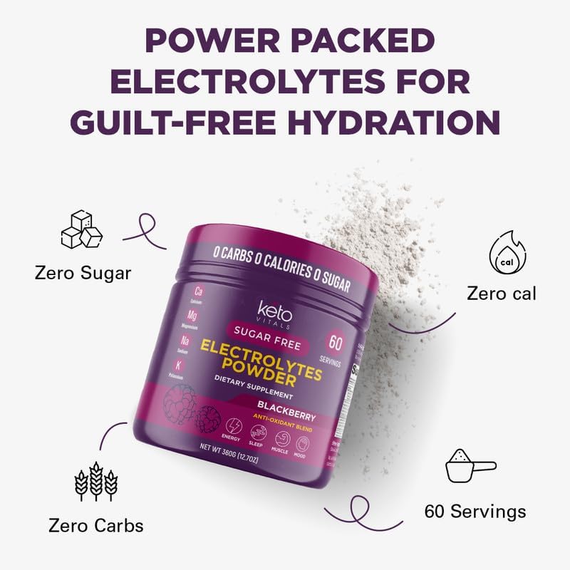 Keto Vitals Antioxidant Electrolytes Powder - Blend Keto Electrolytes with Potassium, Magnesium, Sodium, & Calcium - No Sugar Electrolyte Drink Mix & Hydration Powder, 60 Servings, BlackBerry