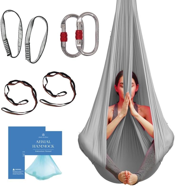 Aerial Silk Yoga Hammock & Swing for Home, Inversion Exercises, Starter Kit for All Levels - Durable with Extension Straps, Carabiners, and Pose Guide