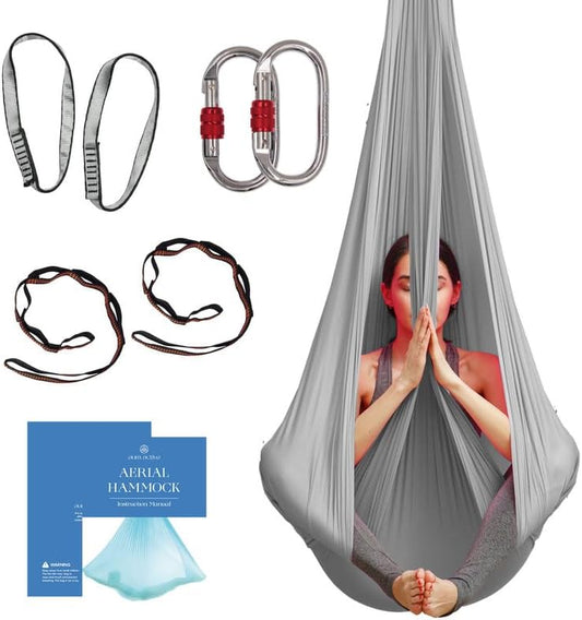 Aerial Silk Yoga Hammock & Swing for Home, Inversion Exercises, Starter Kit for All Levels - Durable with Extension Straps, Carabiners, and Pose Guide