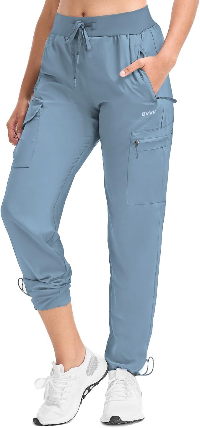 BVVU Women's Hiking Pants Lightweight Quick Dry Travel Outdoor Pants Waterproof Work Cargo Joggers with Zipper Pockets