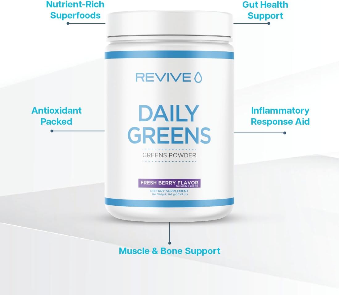 Revive MD Daily Green Powder Superfood (Fresh Berry) - Supergreens Powder to Support Energy Levels - Green Juice That Improves Fiber Intake - Vegetable Supports Digestion and Gut Health