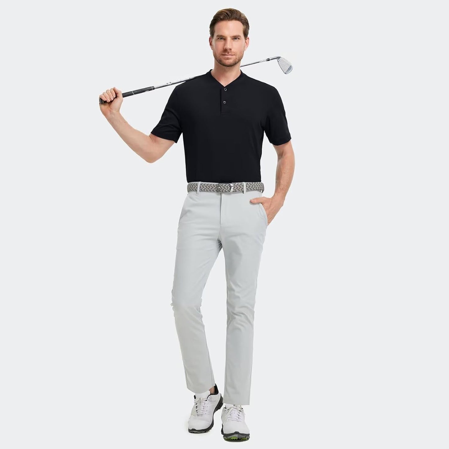 M MAELREG Collarless Golf Shirts for Men Dry Fit Moisture Wicking Performance Solid Casual Mens Henley Shirts Short Sleeve