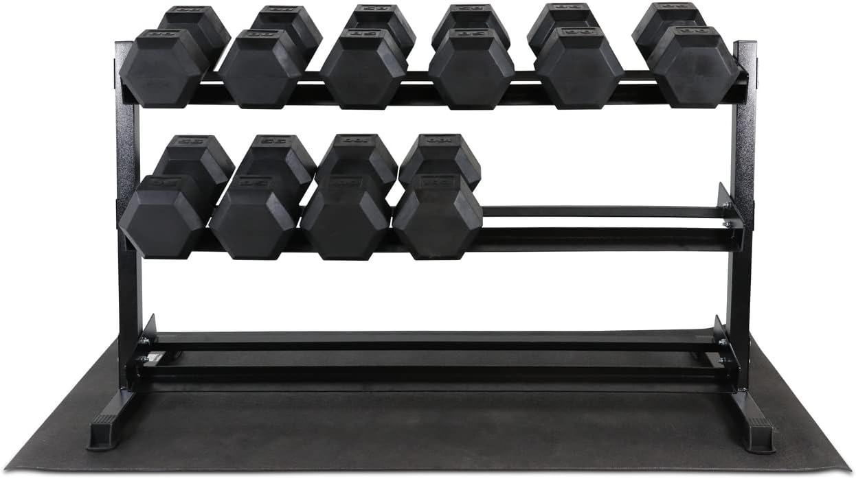 WF Athletic Supply Rubber Coated Hex Dumbbell Set, Multiple Choices Available - Dumbbells with Rack Stand and Mat, or Dumbbells Only (200/550/1200/2100/3000 LB)