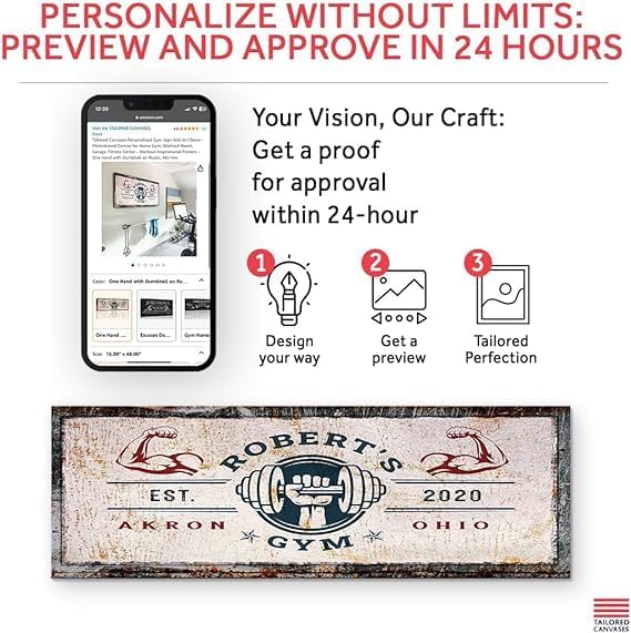 Tailored Canvases Personalized Gym Sign Wall Art Decor - Motivational Canvas for Home Gym, Workout Room, Garage, Fitness Center - Workout Inspirational Posters - One Hand with Dumbbell on Rustic,