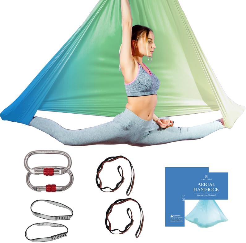 Aerial Silk Yoga Hammock & Swing for Home, Inversion Exercises, Starter Kit for All Levels - Durable with Extension Straps, Carabiners, and Pose Guide