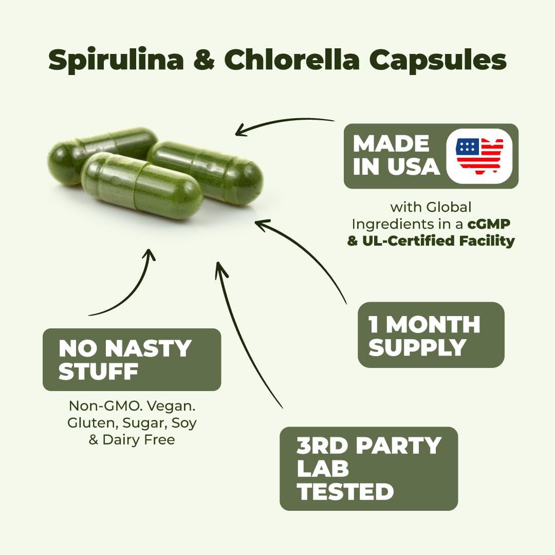 Organic Spirulina and Chlorella Capsules - Spirulina Capsules with Chlorella Powder for Immune, Antioxidant & Energy Support. Nutritious Super Green. Vegan & Non-GMO. Third Party Tested. 60 Caps
