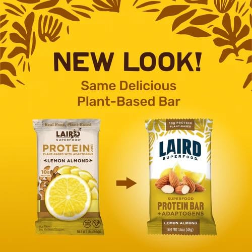 Laird Superfood Functional Protein Bars – Protein Bar but Better with Real Ingredients, Functional Mushrooms 10g Plant-Based Protein, 6g Fiber - Non-GMO - Lemon Almond, 10 Count (Pack of 1)