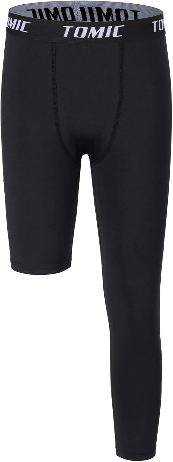 Tomic Youth Boys Kids One Leg 3/4 Leggings Compression Pants for Basketball Soccer Sports Athletic Training Tights Base Layer