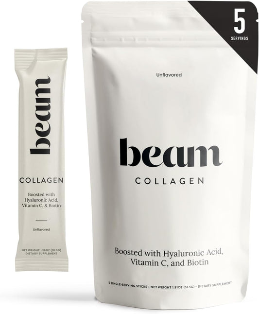 Beam Collagen Powder, Collagen for Women, Collagen with Hyaluronic Acid, Collagen Peptides Type 1 and 3, with Biotin, Grass Fed Bovine, Third-Party Tested, Best for Coffee, Vitamin C, 5 Servings