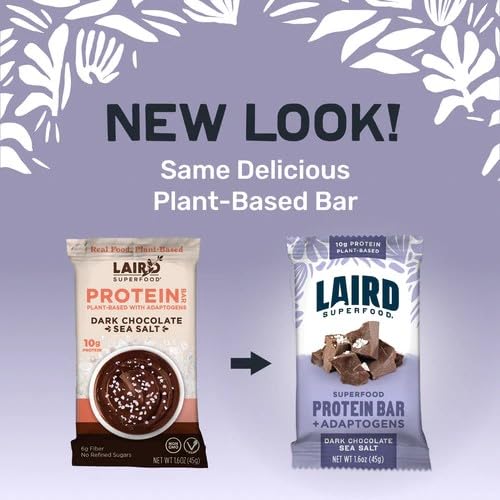 Laird Superfood Functional Protein Bars – Protein Bar but Better with Real Ingredients, Functional Mushrooms 10g Plant-Based Protein, 6g Fiber - Non-GMO - Dark Chocolate Sea Salt, 10 Count (Pack of 1)