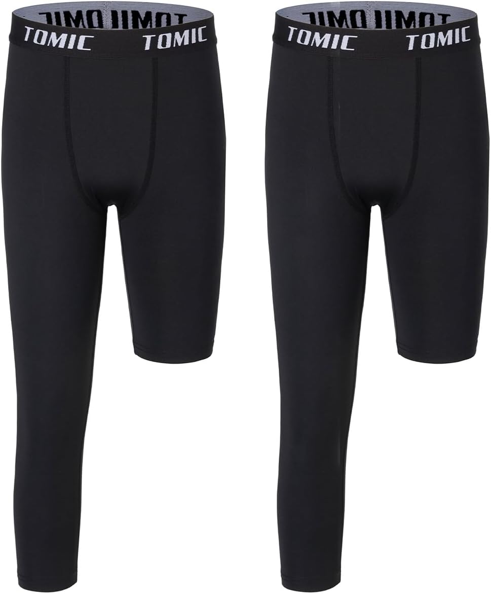 Tomic Youth Boys Kids One Leg 3/4 Leggings Compression Pants for Basketball Soccer Sports Athletic Training Tights Base Layer