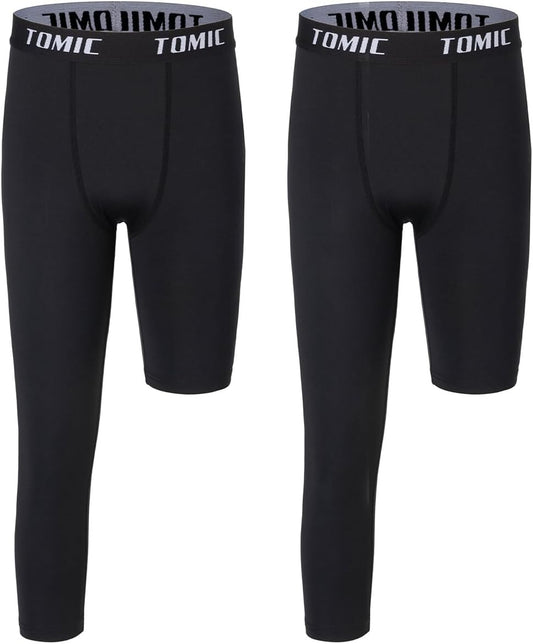 Tomic Youth Boys Kids One Leg 3/4 Leggings Compression Pants for Basketball Soccer Sports Athletic Training Tights Base Layer
