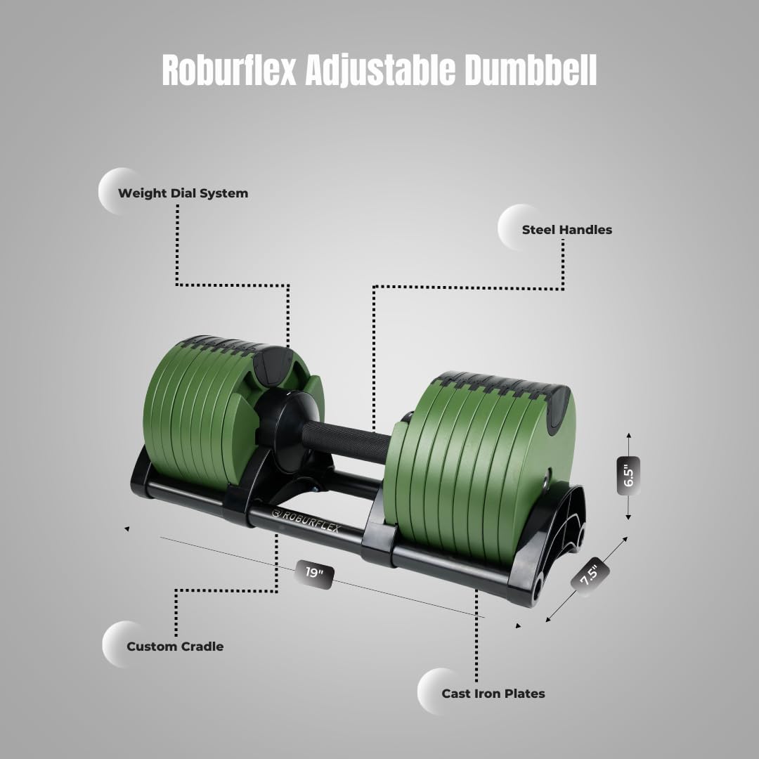 Adjustable Dumbbell (Single) by ROBURFLEX for Workout Strength Training Fitness Home Gym