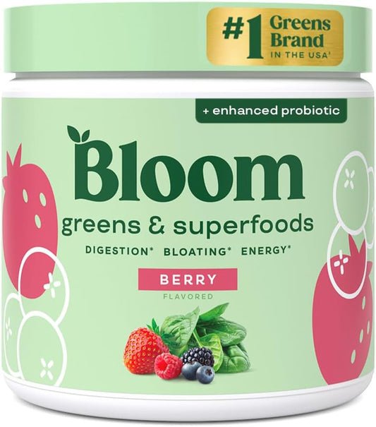 Bloom Nutrition Superfood Greens Powder, Digestive Enzymes with Probiotics and Prebiotics, Gut Health, Bloating Relief for Women, Chlorella, Green Juice Mix with Beet Root Powder, 30 SVG, Berry