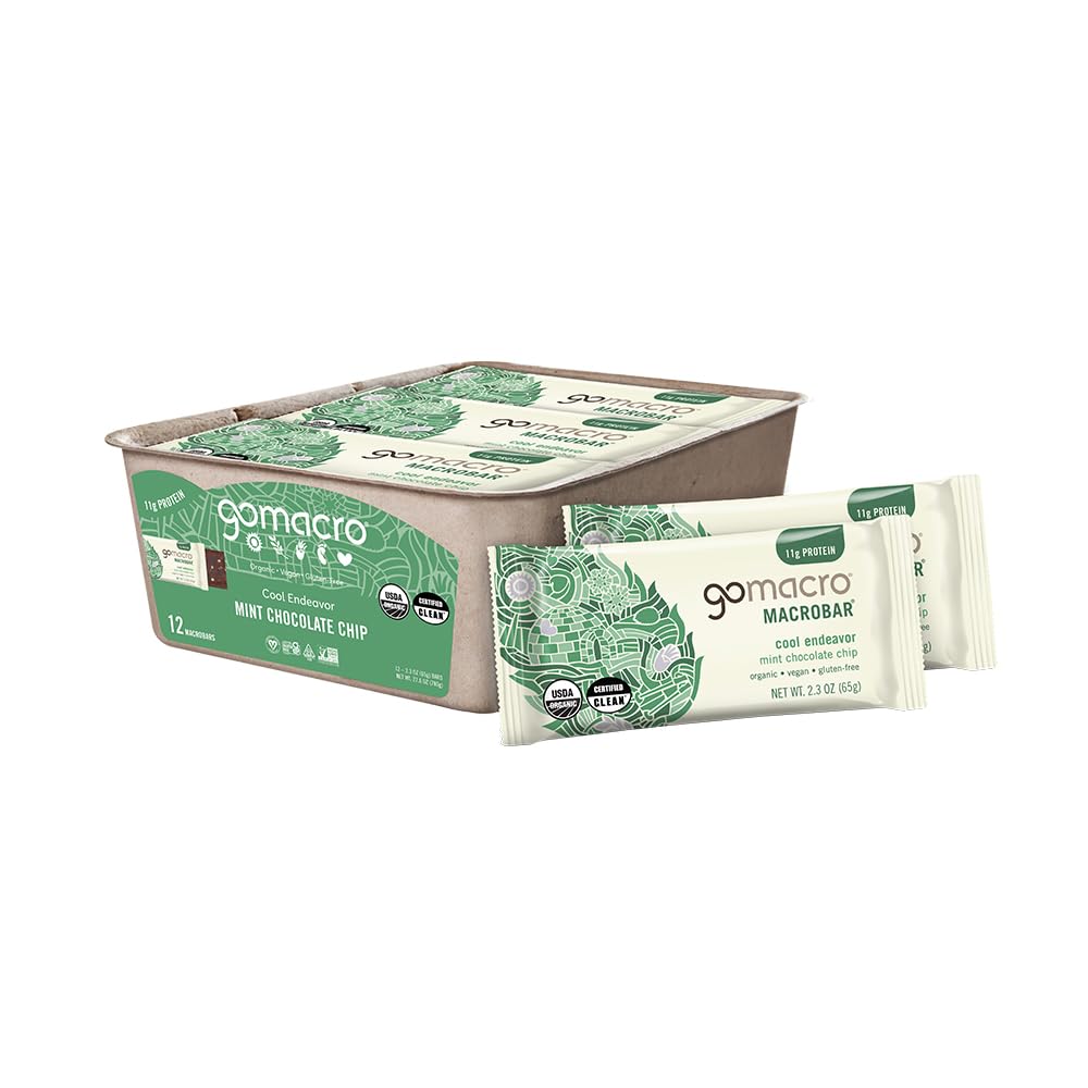 GoMacro MacroBar Organic Vegan Protein Bars - Mint Chocolate Chip, 2.3 Ounce Bars, (Pack of 12)