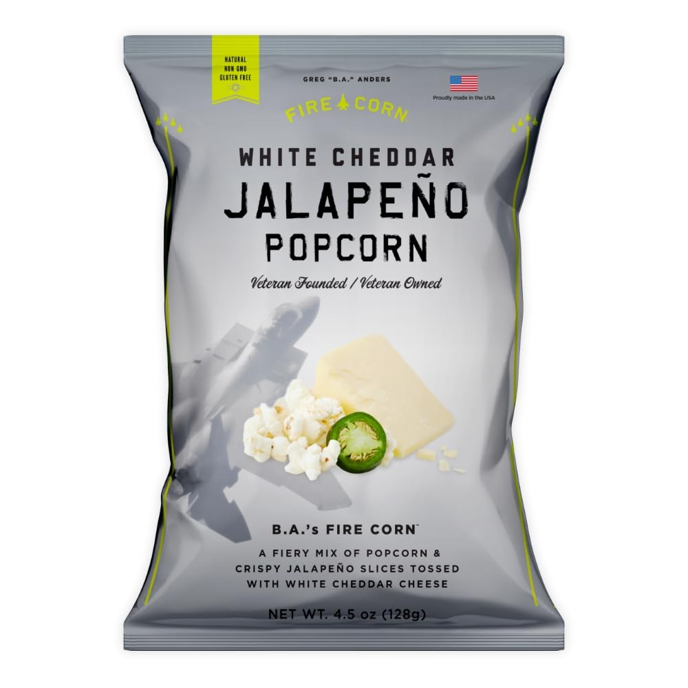 Fire Corn Popcorn Pack of 6 Real Jalapeno Popcorn with White Cheddar Flavor Gluten Free, Spicy, Non-GMO, Healthy Snack Founded & Owned by Combat Veteran, 4.5 oz Sharing Bags