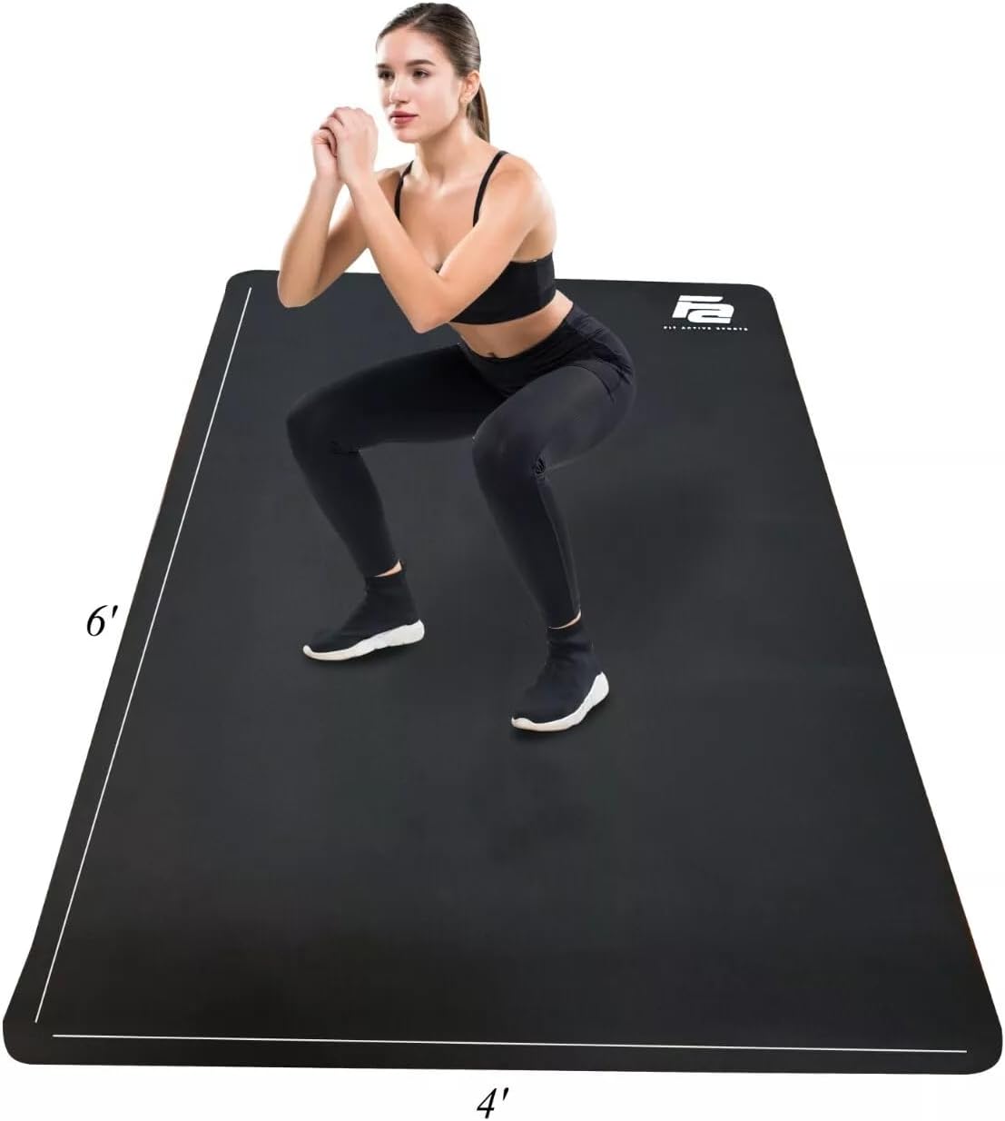 Fit Active Sports Large Exercise Mat 6' x 4' x 8mm Non-Slip Extra Wide Workout Mat for Home Gym, Cardio, Yoga, Floor Fitness, MMA, Plyo, and Jump Rope | Shoe Friendly Black