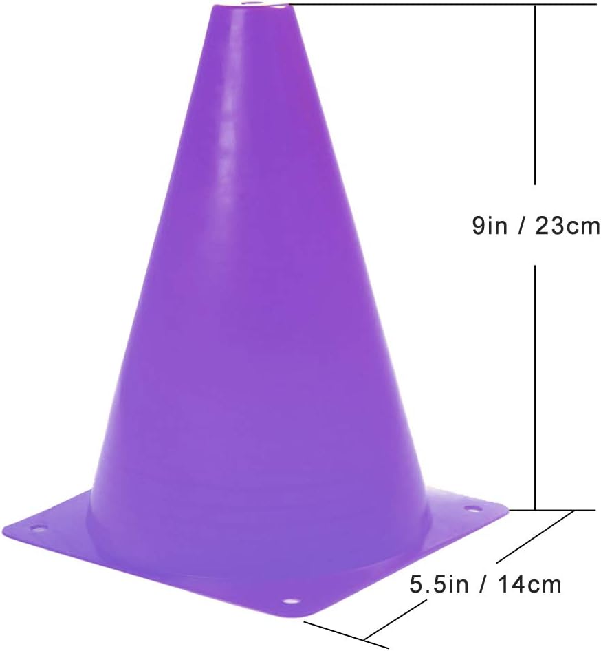 9 Inch Plastic Training Traffic Cones, Sport Cones, Agility Field Marker Cones for Soccer Basketball Football Drills Training, Outdoor Activity or Events - (Set of 10, 12, 15 or 24, 4 Colors)