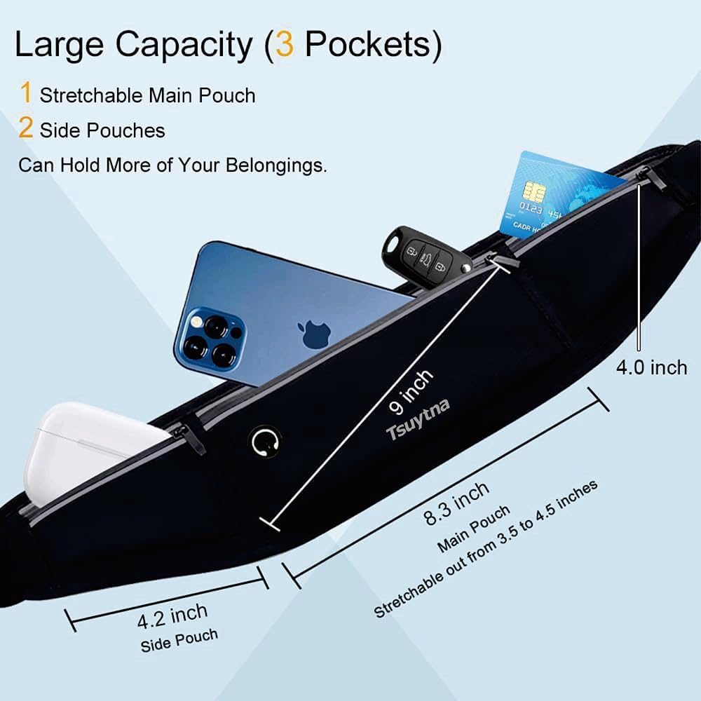 Running Belt for Women & Men - Slim Phone running belt with Water-Resistant Phone Holder, 3 pockets Adjustable Waist Strap, Reflective Safety Design for Running, Hiking, Travel，Fitness(Black)