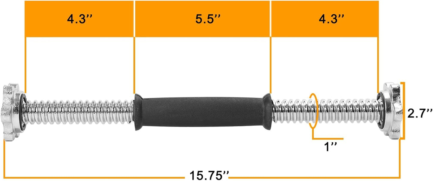 Threaded Dumbbell Rubber/Chrome Handles 1 Inch Pair, Adjustable Dumbbell Bar Handles, Fits Standard Weight Plates with 1” Diameter, for Gym Workouts, Exercise, Weightlifting, Sold in Pair