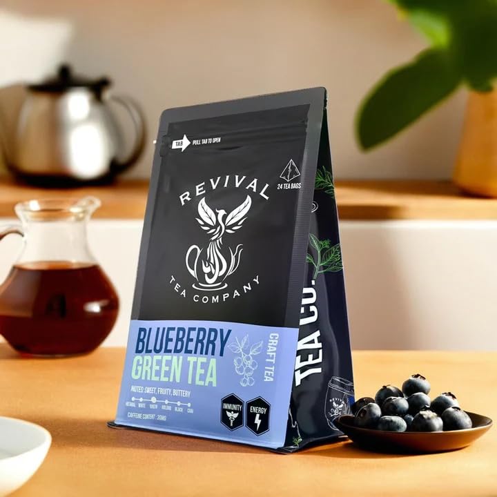 Revival Tea Company Blueberry Green Tea - Green Tea Blend with Natural Blueberry Flavor - 24 Tea Bags