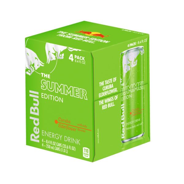 Red Bull Green Edition Energy Drink, Curuba Elderflower, 8.4 fl. oz., Pack of 4 cans, with 80mg Caffeine, Taurine & B Vitamins