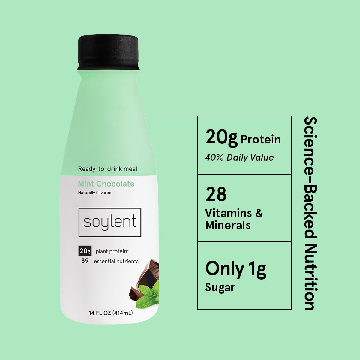 Soylent Mint Chocolate Meal Replacement Shake, Ready-to-Drink Plant Based Protein Drink, Contains 20g Complete Vegan Protein and 1g Sugar, 14oz, 12 Pack