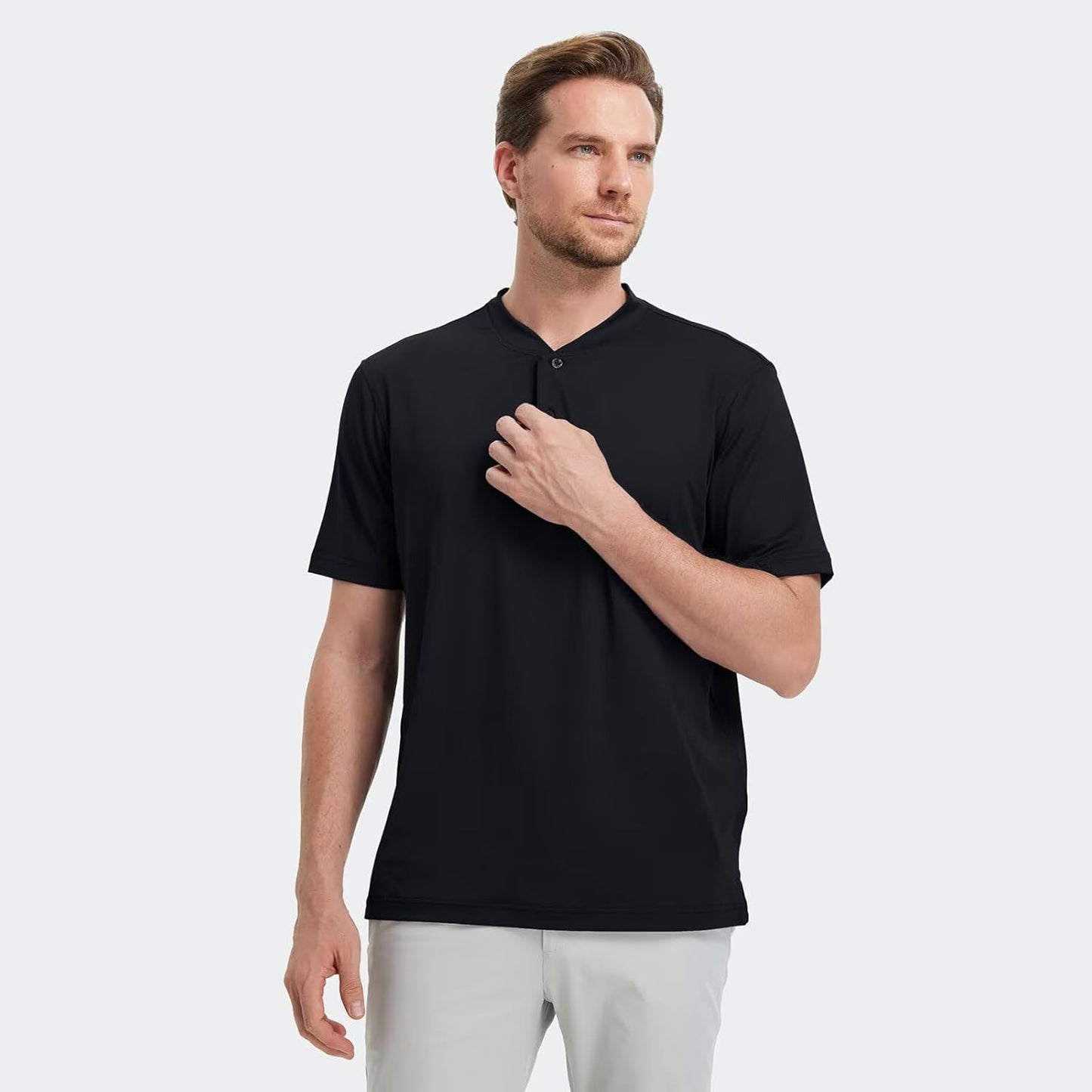 M MAELREG Collarless Golf Shirts for Men Dry Fit Moisture Wicking Performance Solid Casual Mens Henley Shirts Short Sleeve