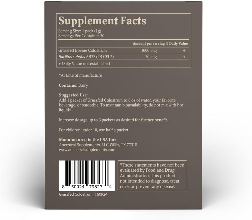 Ancestral Supplements Grass Fed Beef Bovine Colostrum Powder Packets, Immune Support Supplement, Gut, Skin & Hair Health Support Supplements, Promotes Growth and Repair, Non GMO, 30 Sticks, Unflavored