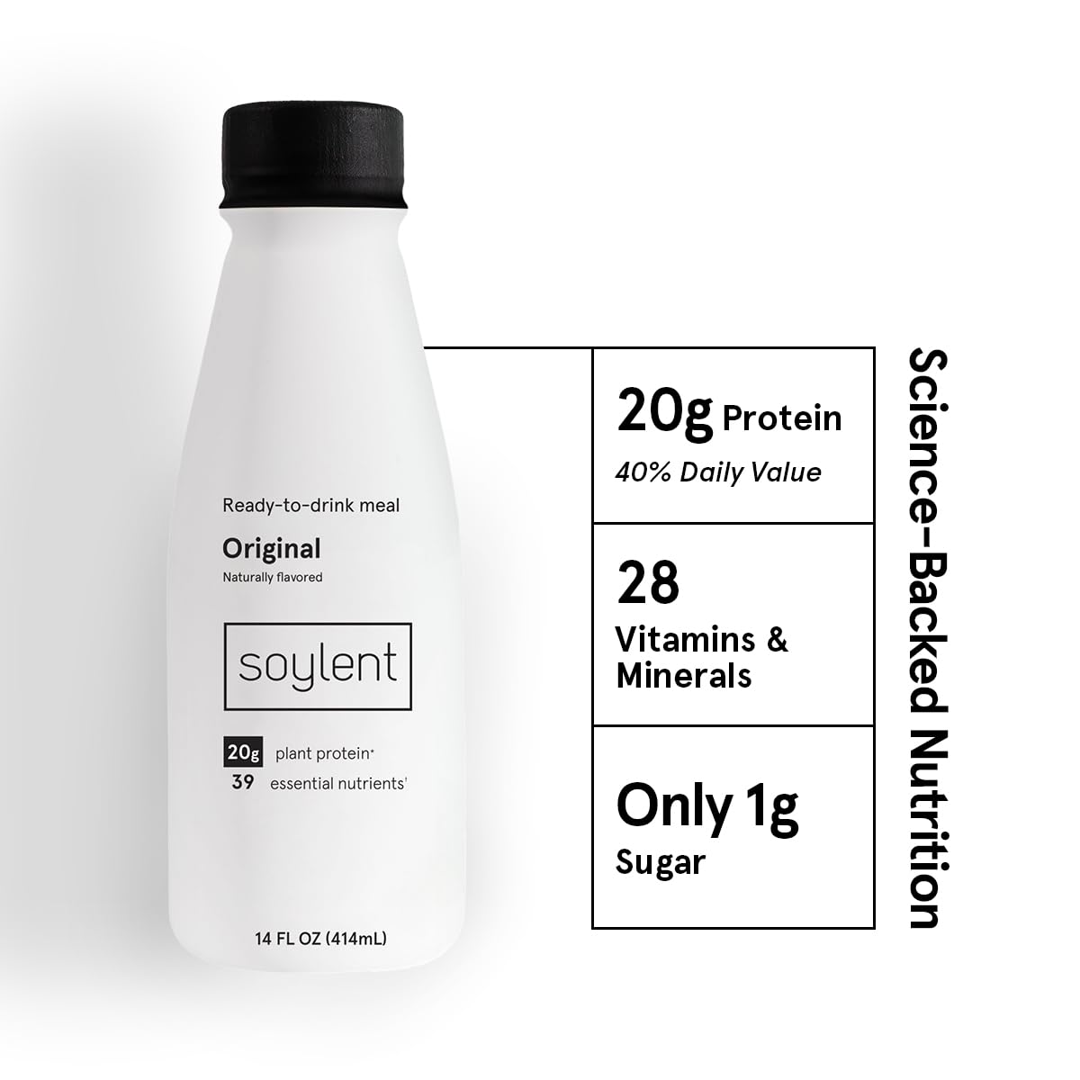 Soylent Original Meal Replacement Shake, Ready-to-Drink Plant Based Protein Drink, Contains 20g Complete Vegan Protein and 1g Sugar, 14oz, 12 Pack
