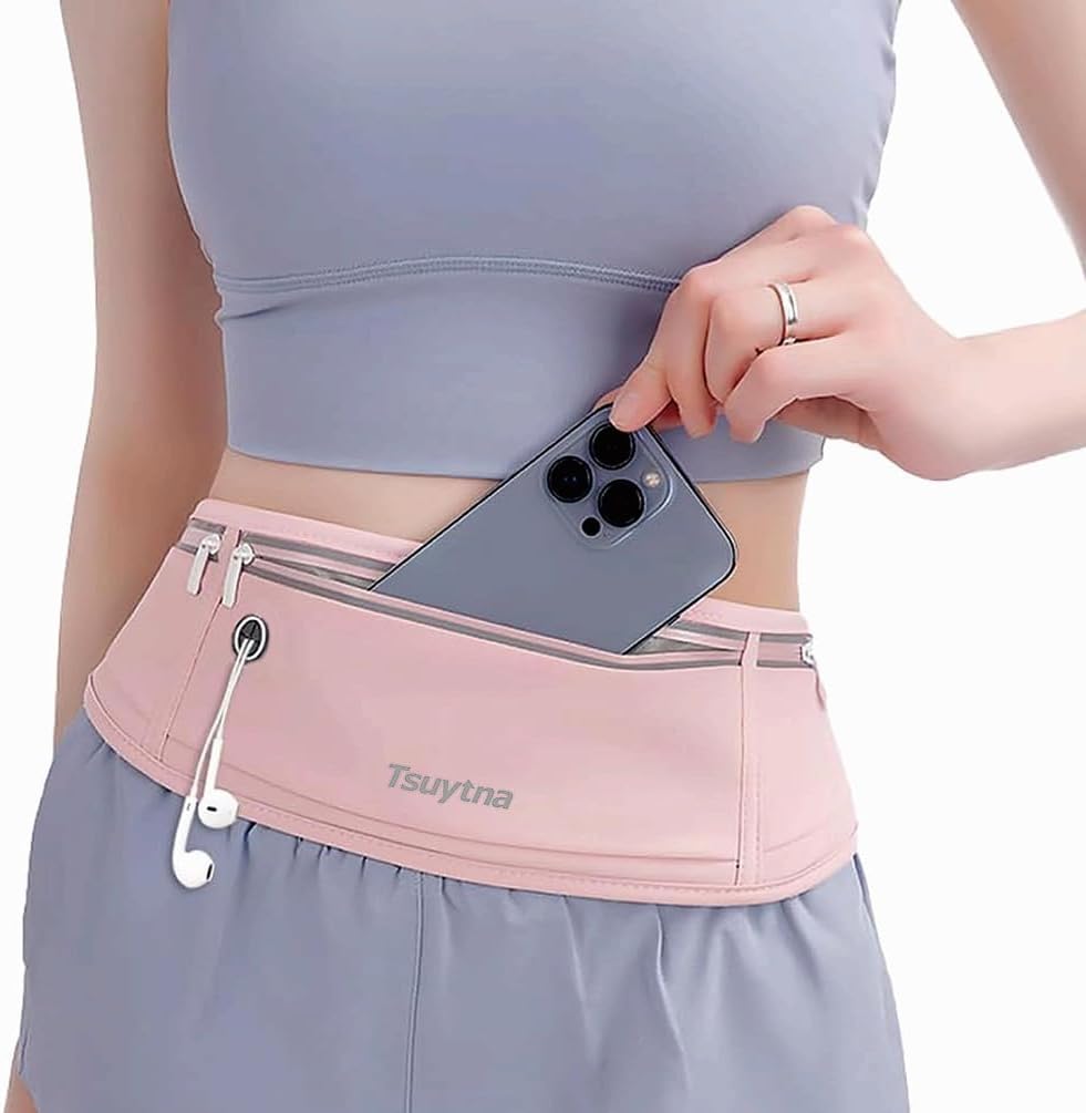 Running Belt for Women & Men - Slim Phone running belt with Water-Resistant Phone Holder, 3 pockets Adjustable Waist Strap, Reflective Safety Design for Running, Hiking, Travel，Fitness (Pink)