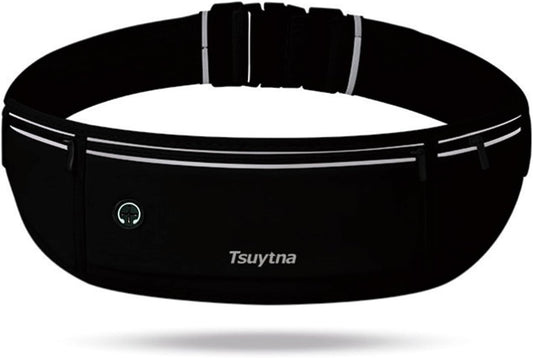 Running Belt for Women & Men - Slim Phone running belt with Water-Resistant Phone Holder, 3 pockets Adjustable Waist Strap, Reflective Safety Design for Running, Hiking, Travel，Fitness(Black)