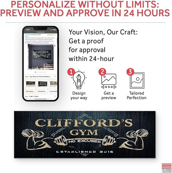 Tailored Canvases Personalized Gym Sign Wall Art Decor - Motivational Canvas for Home Gym, Workout Room, Garage, Fitness Center - Workout Inspirational Posters - Gym Name on Charcoal Background, 48x16in