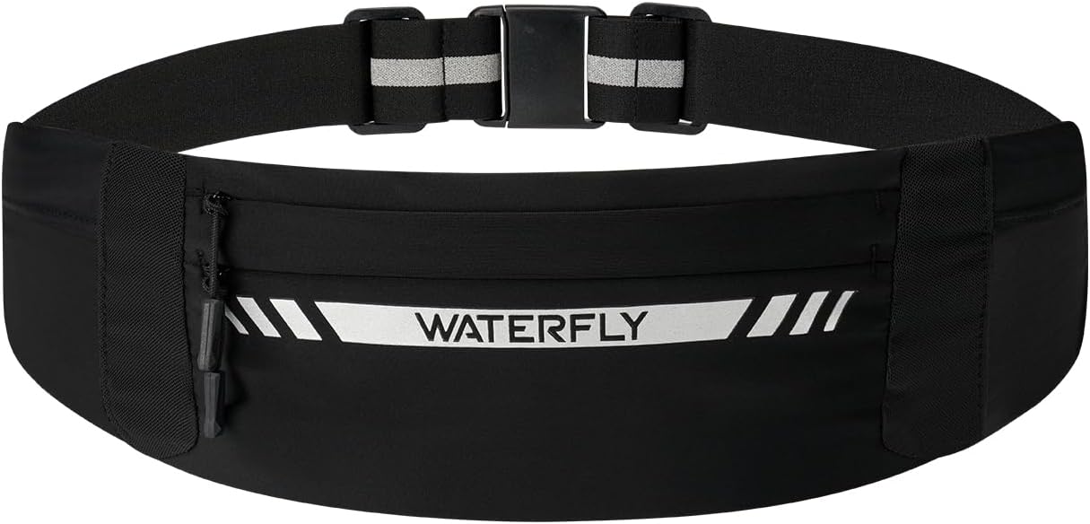 WATERFLY Running Belt Fanny Pack: Slim Breathable 4 Pocket Waist Bag for Men Women Sport Workout Exercise Fitness Phone Holder - Runner Marathon Jogging Waistband Fits ALL Phones Black