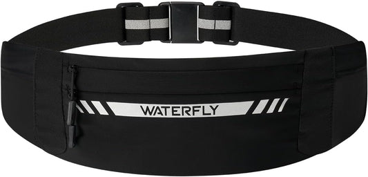WATERFLY Running Belt Fanny Pack: Slim Breathable 4 Pocket Waist Bag for Men Women Sport Workout Exercise Fitness Phone Holder - Runner Marathon Jogging Waistband Fits ALL Phones Black