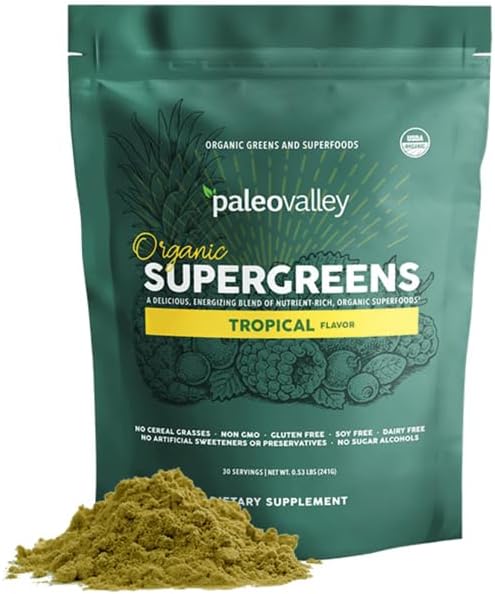 Paleovalley Organic Supergreens Powder - 23 Superfoods with Prebiotic Fiber for Energy and Immunity Support - No Cereal Grasses for Maximum Absorption - Tropical, 30 Servings