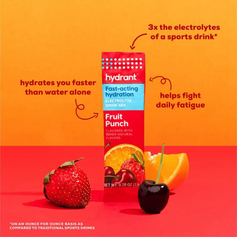 HYDRANT Hydrate, Individual Hydration Electrolyte Powder Stick Packets with No Artificial Sweeteners, Colors, or Fillers (Fruit Punch, 30 Pack)