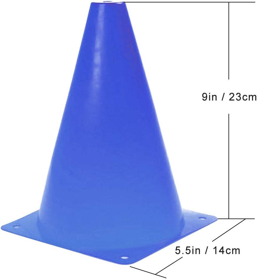 9 Inch Plastic Training Traffic Cones, Sport Cones, Agility Field Marker Cones for Soccer Basketball Football Drills Training, Outdoor Activity or Events - (Set of 10, 12, 15 or 24, 4 Colors)