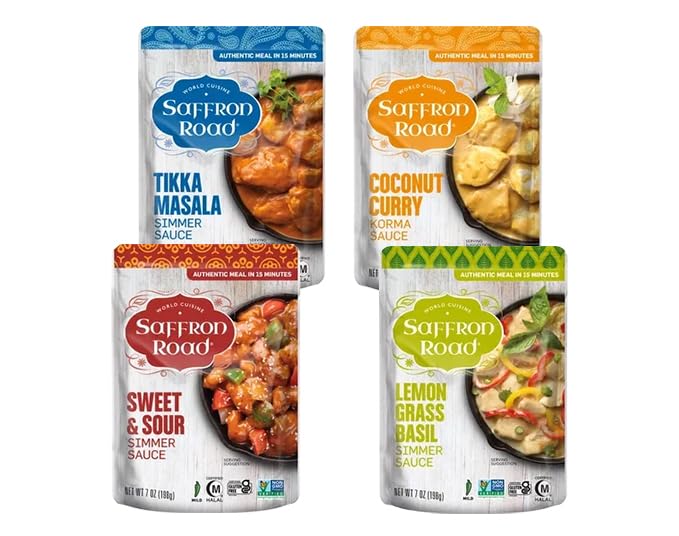 Saffron Road Simmer Sauce Variety Pack | Tikka Masala, Lemongrass Basil, Coconut Curry, and Sweet & Sour | Vegetarian, Non-GMO, Halal, and Kosher | 7.0oz Pouch | Pack of 4