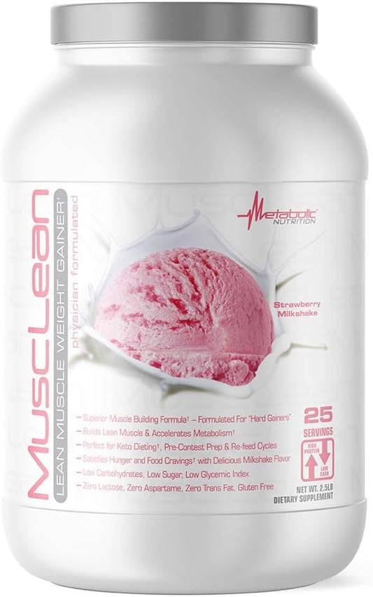 Metabolic Nutrition - Musclean - Milkshake, Whey High Protein Meal Replacement, Maintenance Nutrition, Low Carb, Keto Diet, Digestive Enzymes, Strawberry, 2.5 Pound (25 ser)