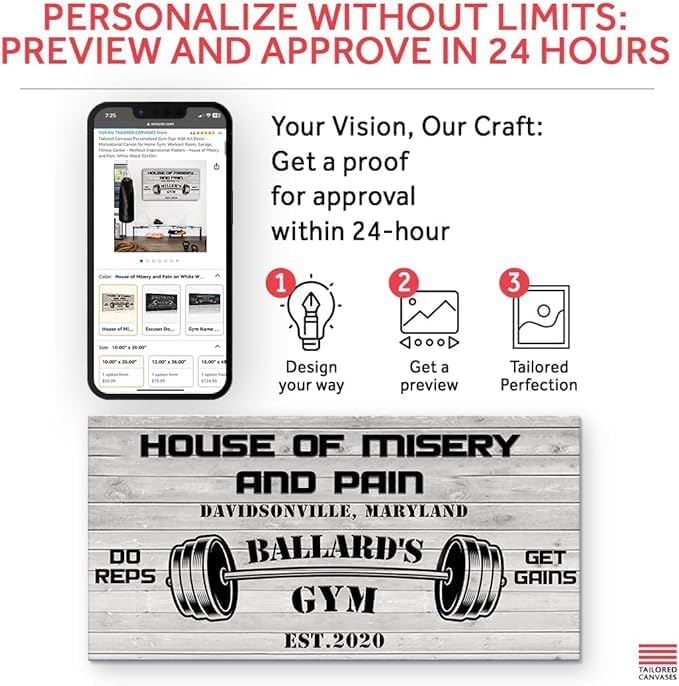 Tailored Canvases Personalized Gym Sign Wall Art Decor - Motivational Canvas for Home Gym, Workout Room, Garage, Fitness Center - Workout Inspirational Posters - House of Misery and Pain, White Wood 48x24in