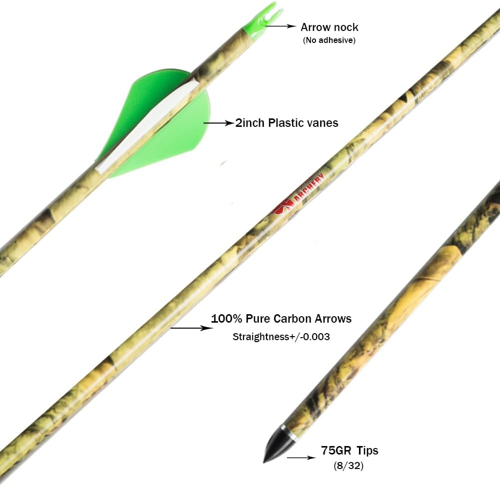 Linkboy Archery Carbon Arrows Hunting Practice Target Arrows with Removable Tip for Compound Recurve Long Bows, Spine 300 340 400 500 600, Pack of 12PCS