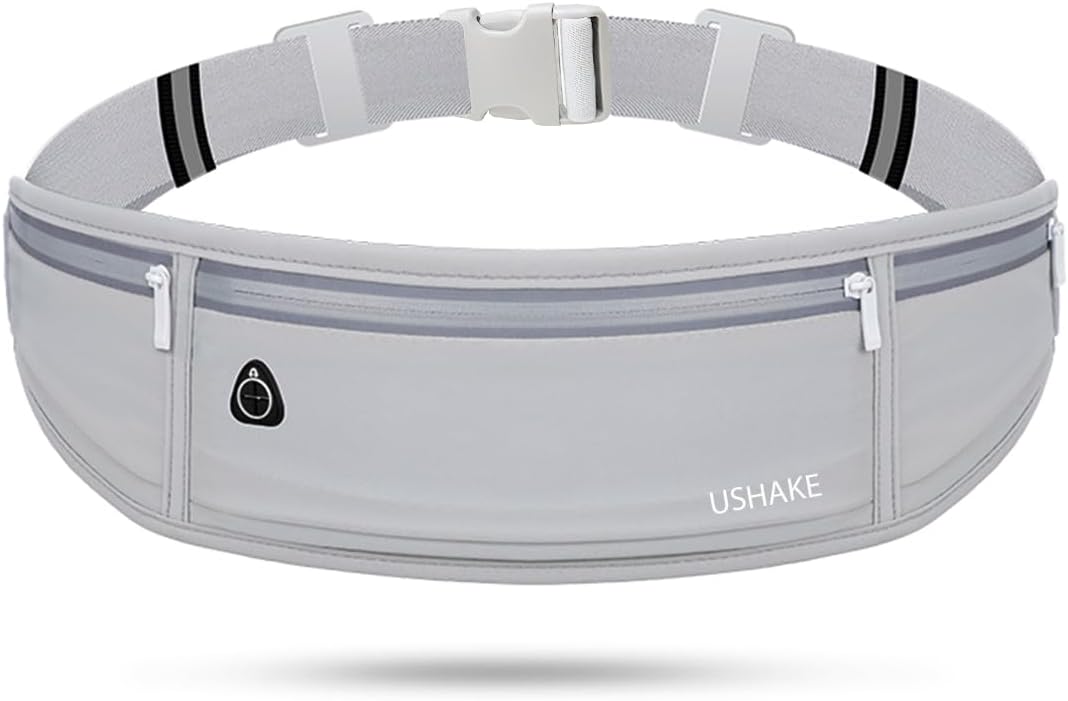USHAKE Slim Running Belt, Workout Fanny Pack for Men Women,Exercise Waist Pack for Apple iPhone Holder, Runner Belt for Running Walking Cycling Camping Gym Light Grey