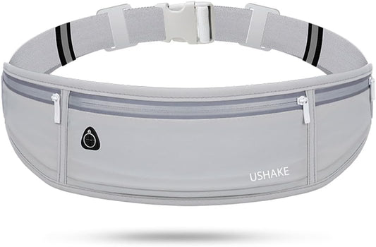 USHAKE Slim Running Belt, Workout Fanny Pack for Men Women,Exercise Waist Pack for Apple iPhone Holder, Runner Belt for Running Walking Cycling Camping Gym Light Grey