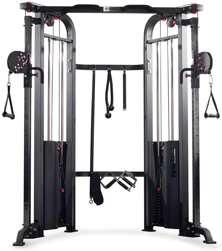 Titan Fitness Functional Trainer Cable Crossover Machine, 200 LB Double Weight Stack, 2:1 Cable Pull Station, Home Gym Workout Weight Training Machine with Attachments